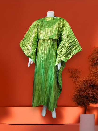Metallic Green Plisse Kaftan Dress with Cape, Shiny Pleated Maxi Gown, Lime Green Chartreuse Goddess Dress, Statement Evening Party Wear