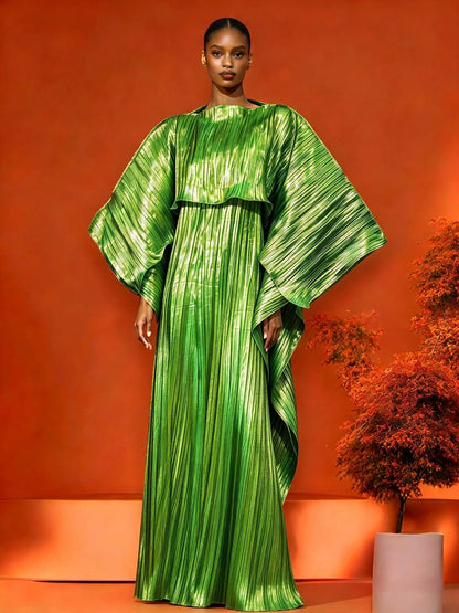 Metallic Green Plisse Kaftan Dress with Cape, Shiny Pleated Maxi Gown, Lime Green Chartreuse Goddess Dress, Statement Evening Party Wear