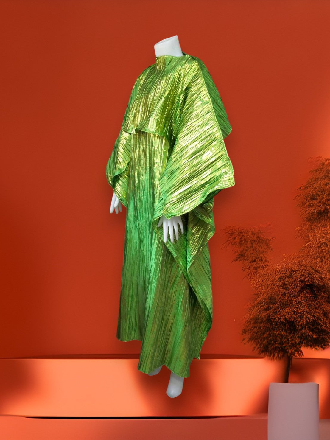 Metallic Green Plisse Kaftan Dress with Cape, Shiny Pleated Maxi Gown, Lime Green Chartreuse Goddess Dress, Statement Evening Party Wear