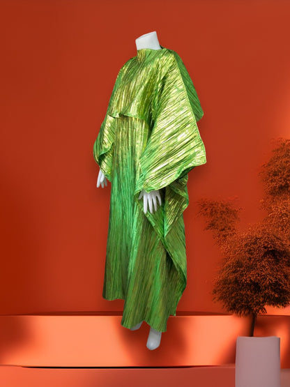 Metallic Green Plisse Kaftan Dress with Cape, Shiny Pleated Maxi Gown, Lime Green Chartreuse Goddess Dress, Statement Evening Party Wear