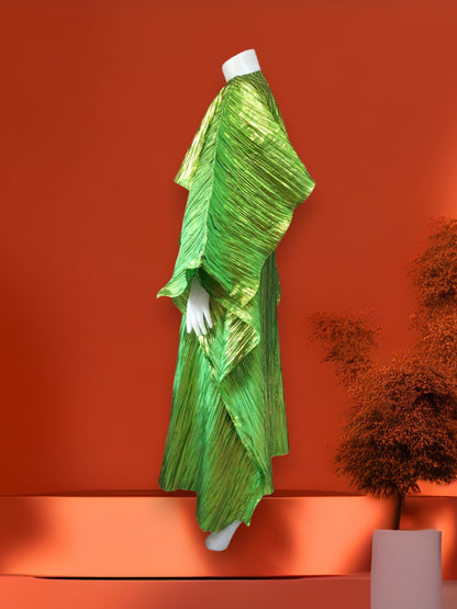 Metallic Green Plisse Kaftan Dress with Cape, Shiny Pleated Maxi Gown, Lime Green Chartreuse Goddess Dress, Statement Evening Party Wear