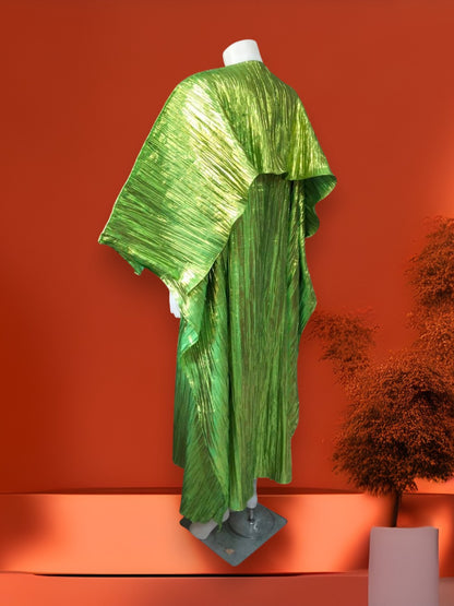 Metallic Green Plisse Kaftan Dress with Cape, Shiny Pleated Maxi Gown, Lime Green Chartreuse Goddess Dress, Statement Evening Party Wear