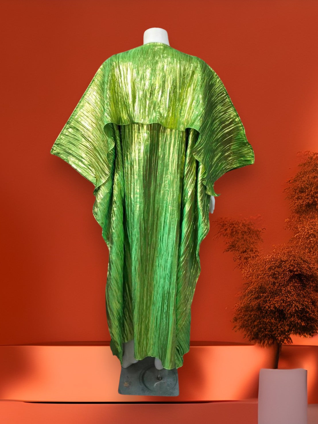 Metallic Green Plisse Kaftan Dress with Cape, Shiny Pleated Maxi Gown, Lime Green Chartreuse Goddess Dress, Statement Evening Party Wear