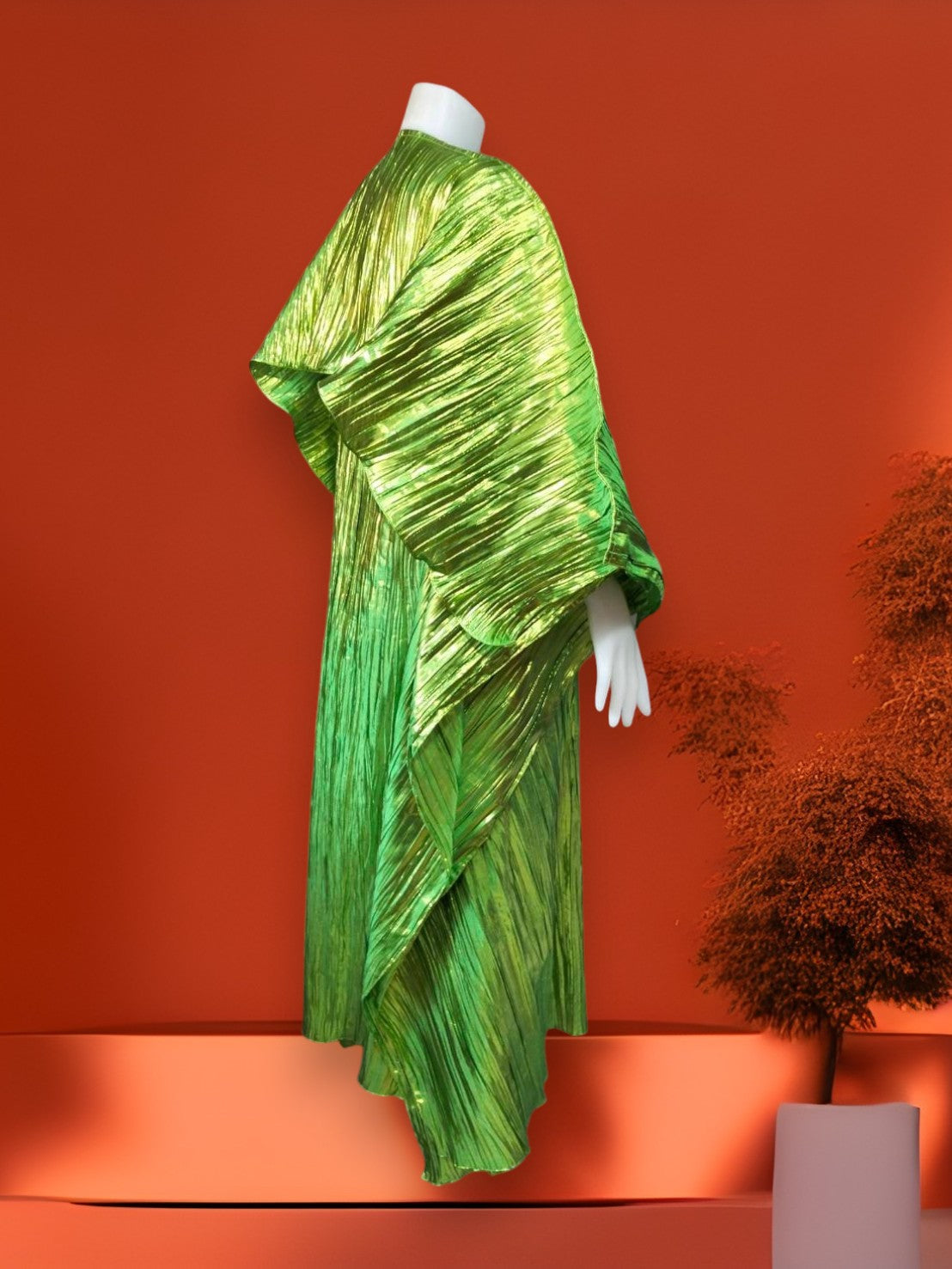 Metallic Green Plisse Kaftan Dress with Cape, Shiny Pleated Maxi Gown, Lime Green Chartreuse Goddess Dress, Statement Evening Party Wear