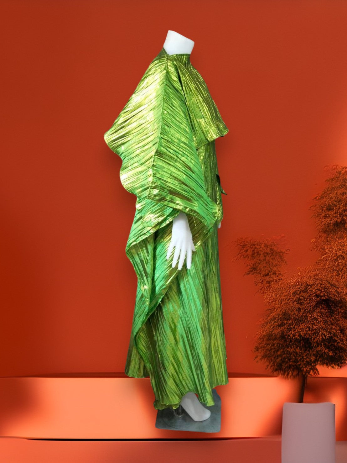 Metallic Green Plisse Kaftan Dress with Cape, Shiny Pleated Maxi Gown, Lime Green Chartreuse Goddess Dress, Statement Evening Party Wear