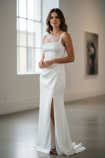 Minimal Maxi Slit Bridal gown, Minimal wedding Dress