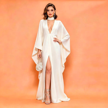 MARAYA Off White Silk Blend Kaftan Maxi Dress, Deep V-Neck Kimono Sleeve Evening Gown, Choker Neck High Slit Formal Dress, Luxury Wedding