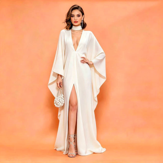 MARAYA Off White Silk Blend Kaftan Maxi Dress, Deep V-Neck Kimono Sleeve Evening Gown, Choker Neck High Slit Formal Dress, Luxury Wedding