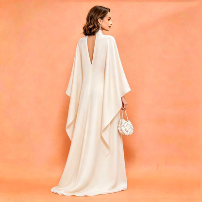 MARAYA Off White Silk Blend Kaftan Maxi Dress, Deep V-Neck Kimono Sleeve Evening Gown, Choker Neck High Slit Formal Dress, Luxury Wedding