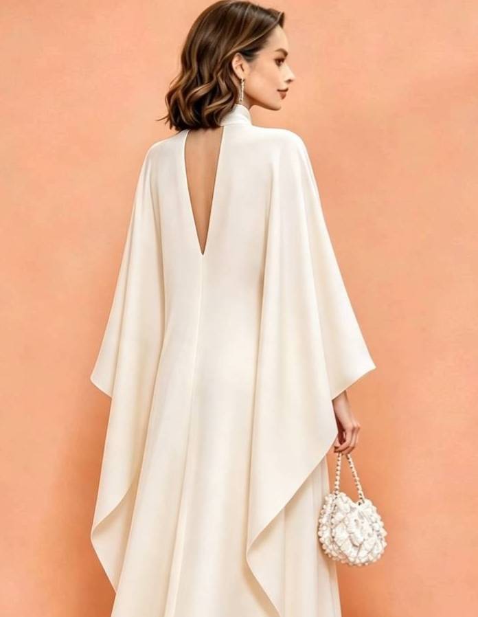 MARAYA Off White Silk Blend Kaftan Maxi Dress, Deep V-Neck Kimono Sleeve Evening Gown, Choker Neck High Slit Formal Dress, Luxury Wedding