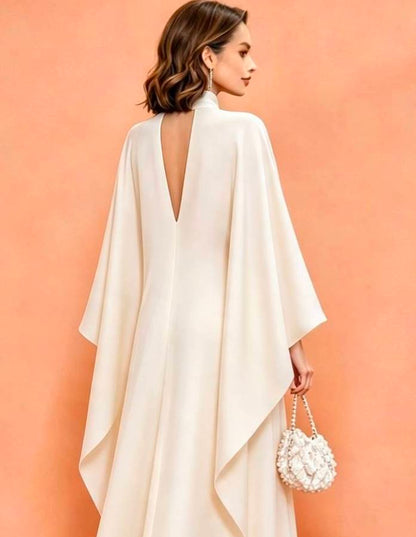 MARAYA Off White Silk Blend Kaftan Maxi Dress, Deep V-Neck Kimono Sleeve Evening Gown, Choker Neck High Slit Formal Dress, Luxury Wedding
