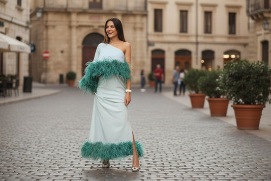 NIRVANA (Extra Feather) One-Shoulder feather bottom Maxi Dress