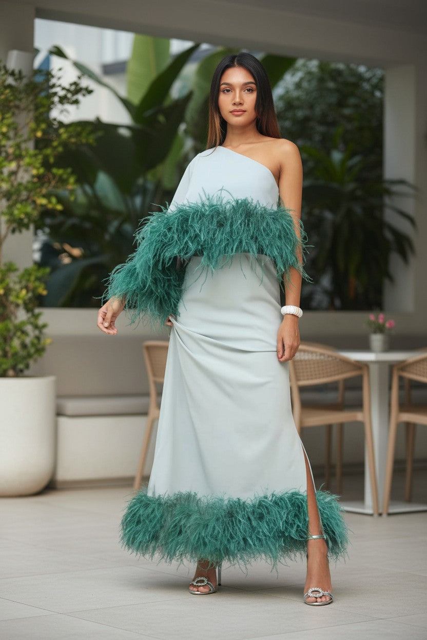 NIRVANA (Extra Feather) One-Shoulder feather bottom Maxi Dress