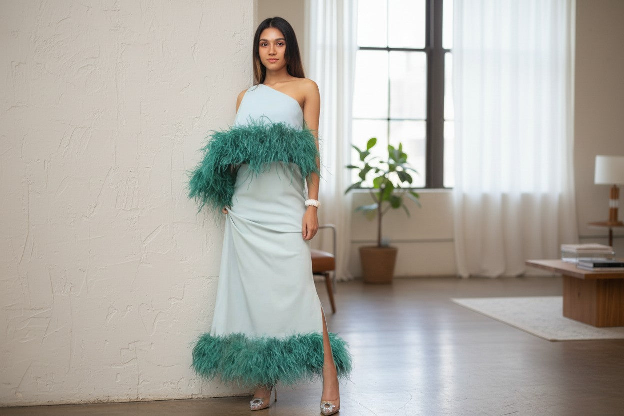 NIRVANA (Extra Feather) One-Shoulder feather bottom Maxi Dress