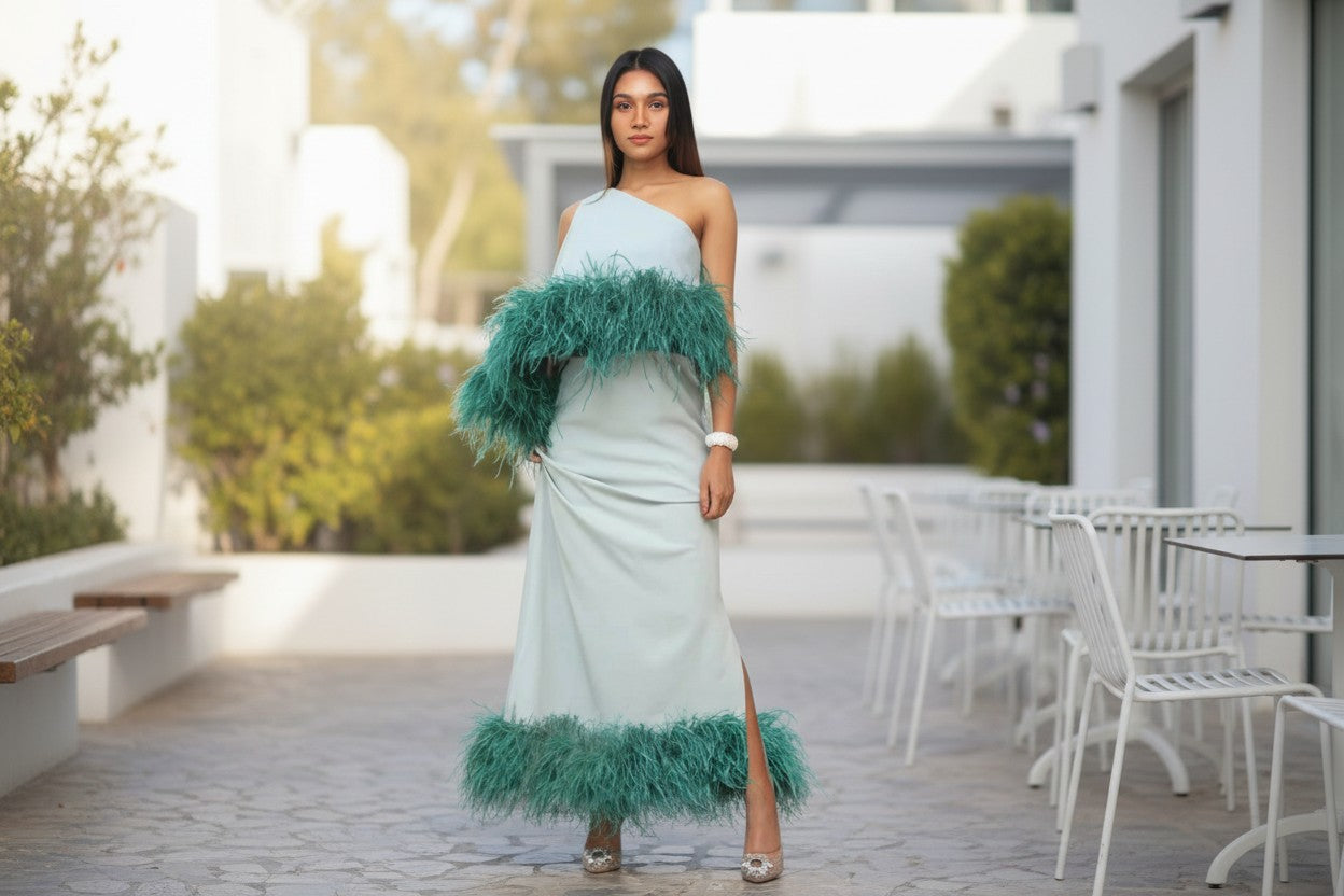 NIRVANA (Extra Feather) One-Shoulder feather bottom Maxi Dress