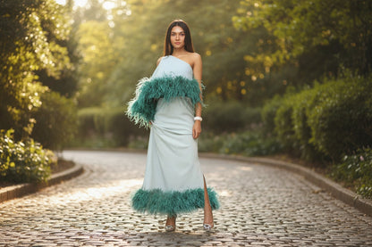 NIRVANA (Extra Feather) One-Shoulder feather bottom Maxi Dress