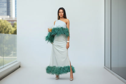 NIRVANA (Extra Feather) One-Shoulder feather bottom Maxi Dress