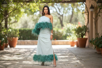 NIRVANA (Extra Feather) One-Shoulder feather bottom Maxi Dress