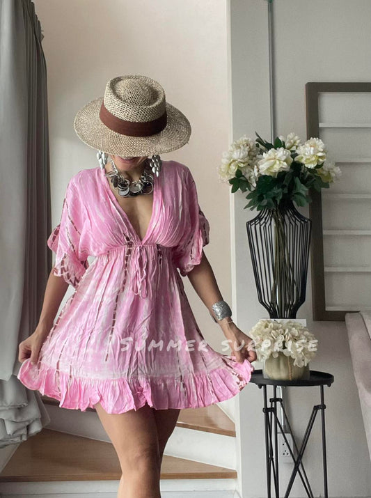 Pink tie dye kaftan mini dress, tie dye dress