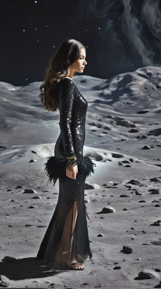 MARAYA The Moon 1 Black Sequin One-Shoulder Maxi Feather Dress