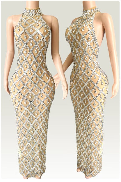 Silver Long sleeveless dress with sparkling rhinestones
