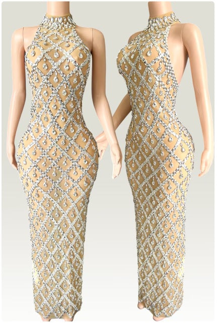 Silver Long sleeveless dress with sparkling rhinestones
