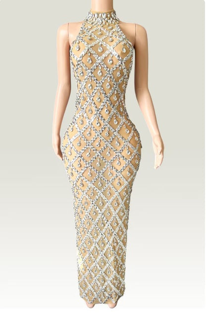 Silver Long sleeveless dress with sparkling rhinestones