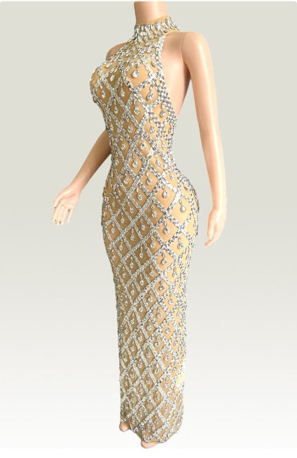 Silver Long sleeveless dress with sparkling rhinestones
