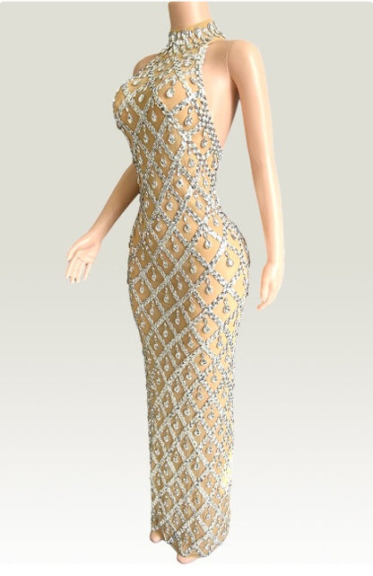 Silver Long sleeveless dress with sparkling rhinestones