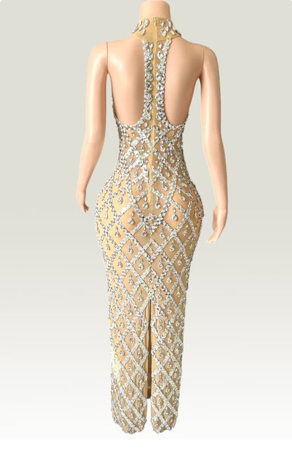 Silver Long sleeveless dress with sparkling rhinestones