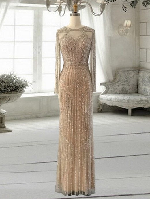 Silver Nude Mermaid Evening Dress for Woman Wedding Party Long Sleeve Arabic Long Formal Dress Prom Gown
