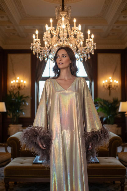 CERVIA Sparkle Kaftan Dress with Feathers, Party Robe