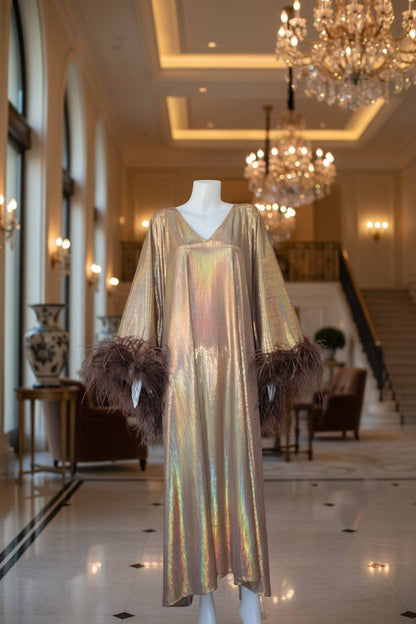 CERVIA Sparkle Kaftan Dress with Feathers, Party Robe