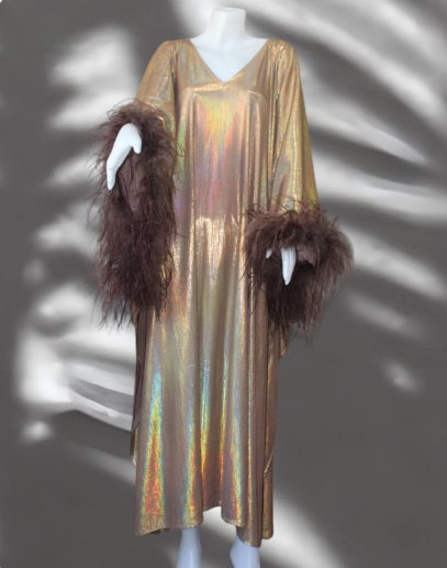 CERVIA Sparkle Kaftan Dress with Feathers, Party Robe