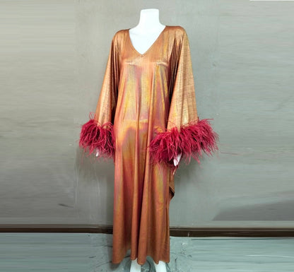 CERVIA Sparkle Red Wine Kaftan Dress with Feathers, Party Robe