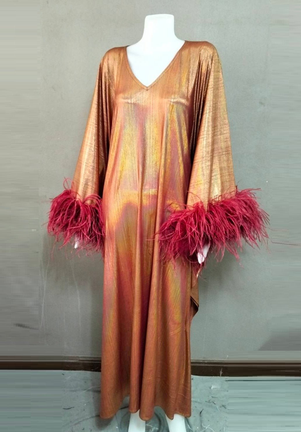 CERVIA Sparkle Red Wine Kaftan Dress with Feathers, Party Robe