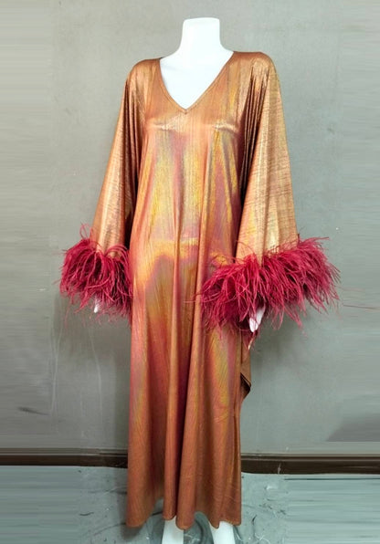 CERVIA Sparkle Red Wine Kaftan Dress with Feathers, Party Robe