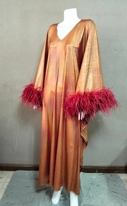 CERVIA Sparkle Red Wine Kaftan Dress with Feathers, Party Robe