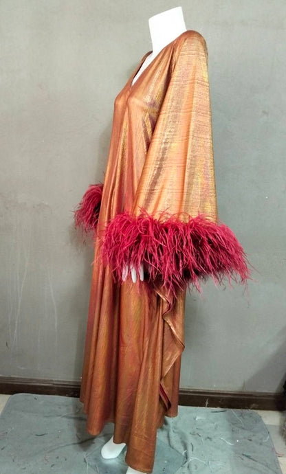 CERVIA Sparkle Red Wine Kaftan Dress with Feathers, Party Robe