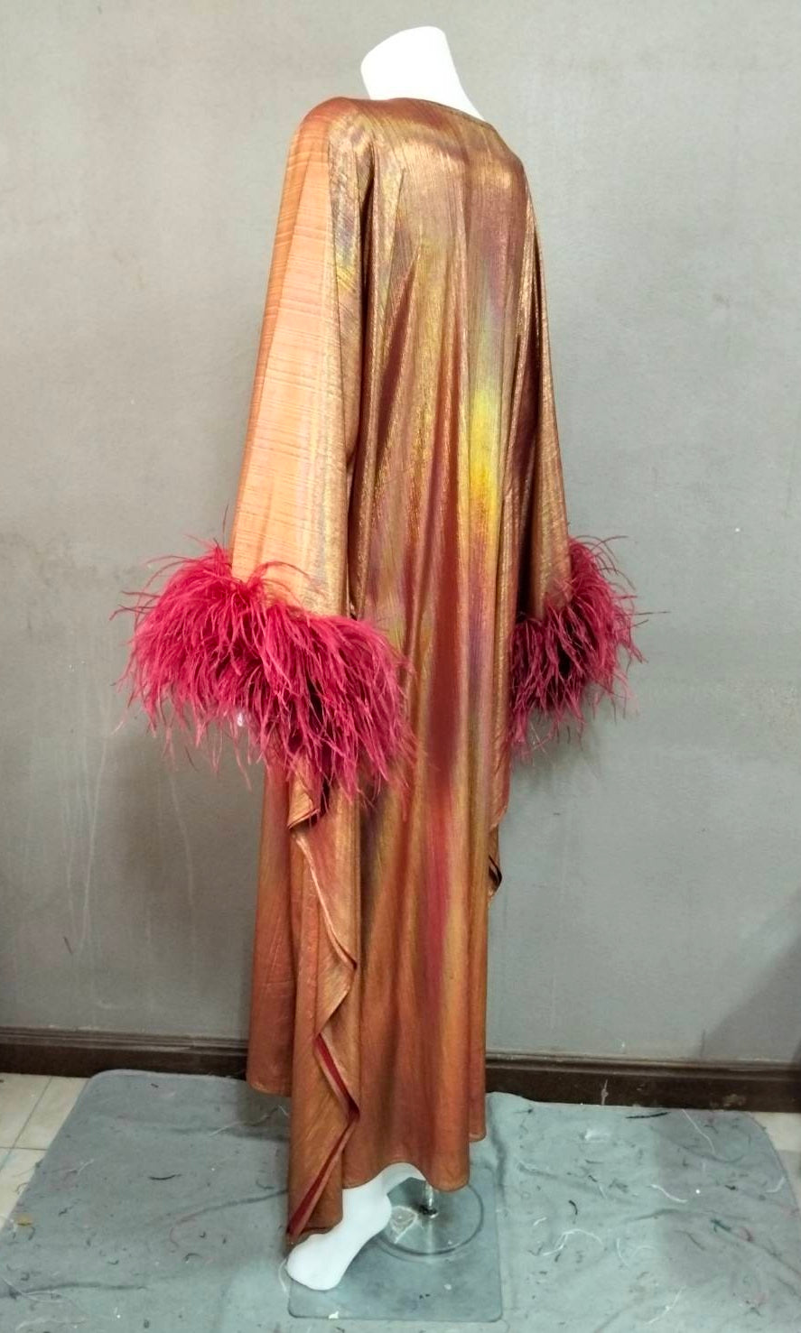 CERVIA Sparkle Red Wine Kaftan Dress with Feathers, Party Robe
