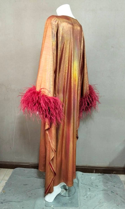 CERVIA Sparkle Red Wine Kaftan Dress with Feathers, Party Robe