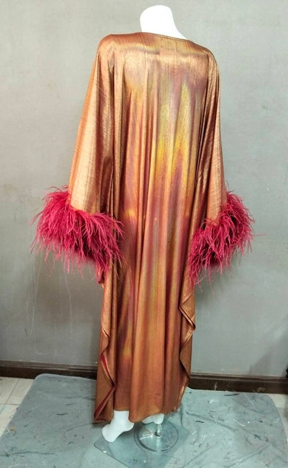 CERVIA Sparkle Red Wine Kaftan Dress with Feathers, Party Robe