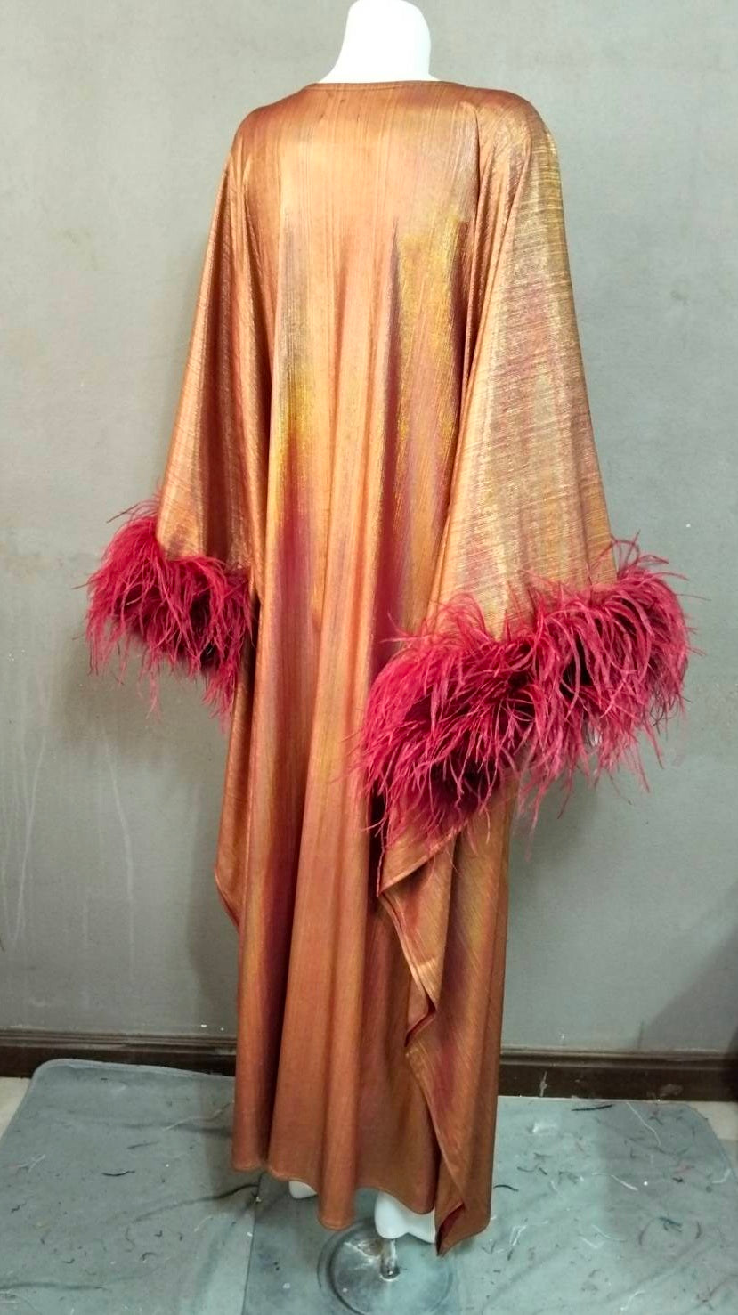 CERVIA Sparkle Red Wine Kaftan Dress with Feathers, Party Robe