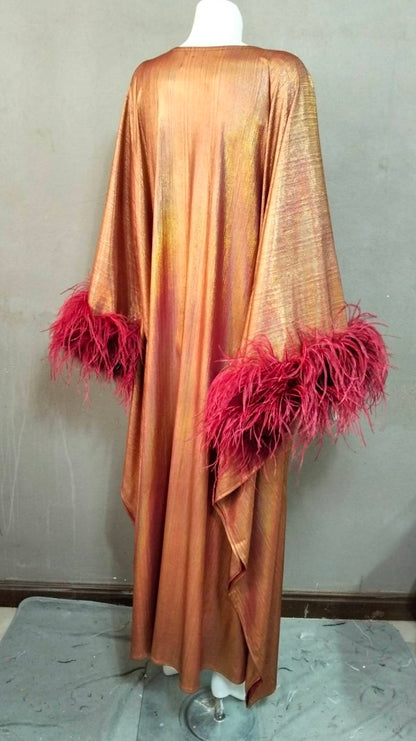 CERVIA Sparkle Red Wine Kaftan Dress with Feathers, Party Robe