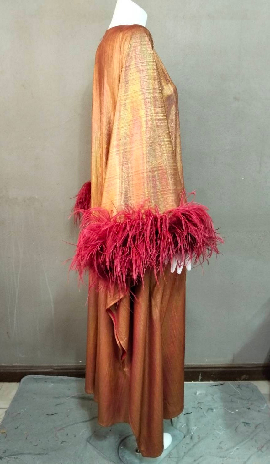 CERVIA Sparkle Red Wine Kaftan Dress with Feathers, Party Robe