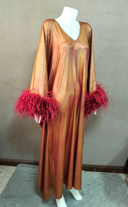 CERVIA Sparkle Red Wine Kaftan Dress with Feathers, Party Robe