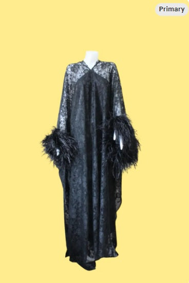 CERVIA Black Floral Lace kaftan Feather dress