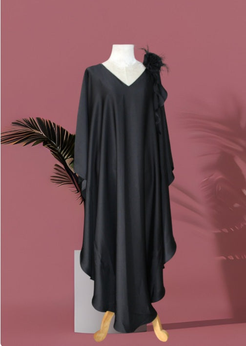 Black Satin Kaftan Maxi Dress, Plus Size Kimono Evening Gown