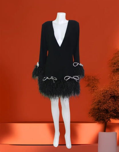 MARAYA Long sleeve Deep V-neck mini Diamond Decorate Feather dress