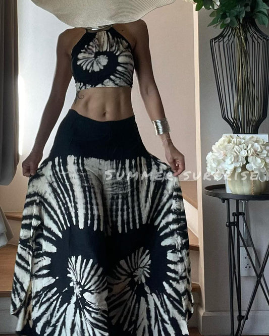 Black tie dye halter neck top with Long Pant, tie dye dress